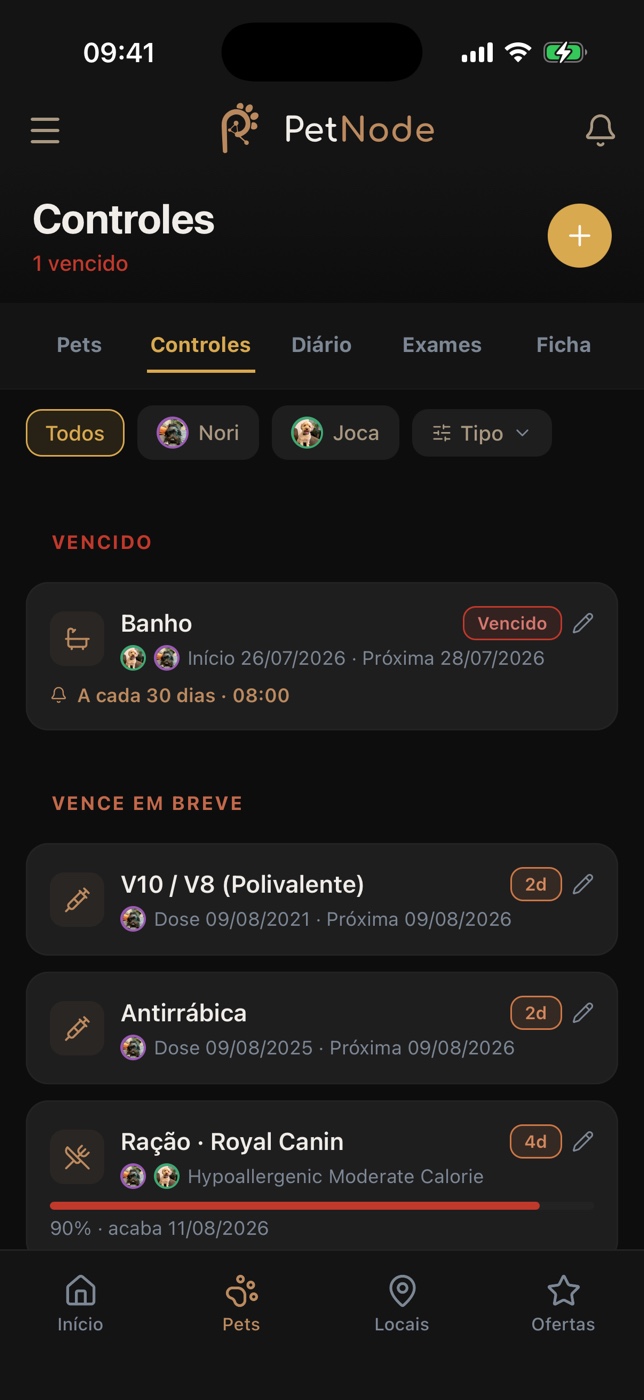 Controles do pet no PetNode