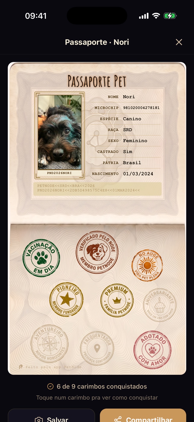 Passaporte do Joca no PetNode, com carimbos colecionados