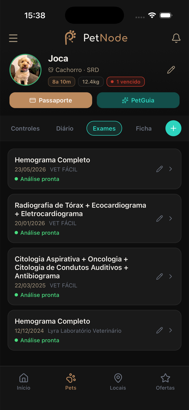 Exames do Joca no PetNode, com análise pronta