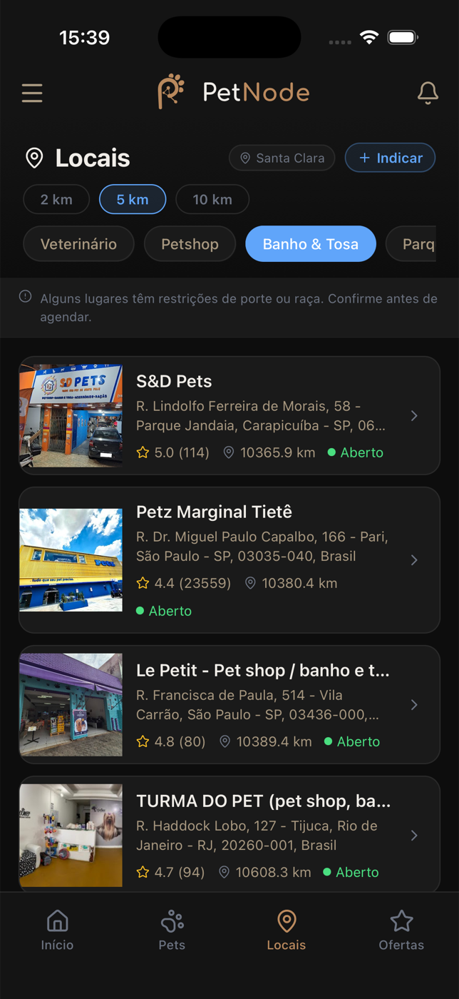 Locais no PetNode: veterinários, petshops e banho e tosa perto de você
